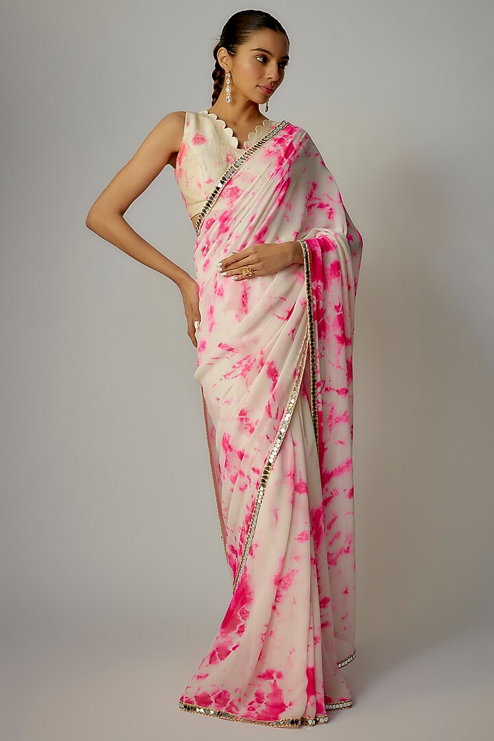 Ivory & Pink Georgette Hand Tie-Dyed Wedding Saree Set

 by Akanksha Gajria at Pernia's Pop Up Shop