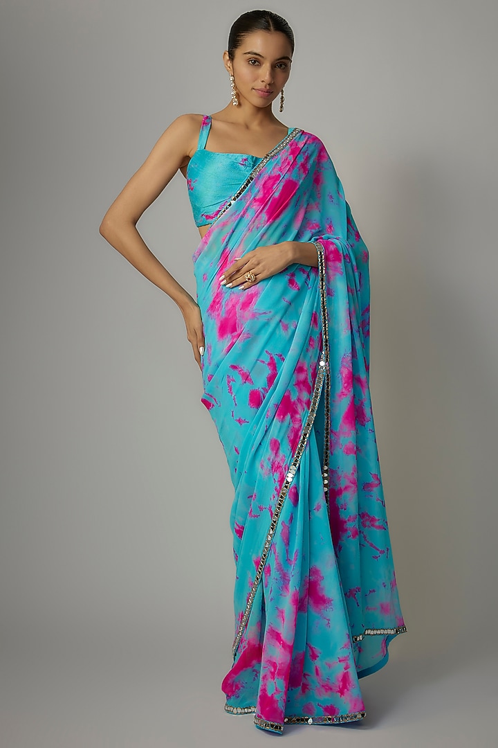 Blue & Pink Georgette Hand Tie-Dyed Wedding Saree Set

 by Akanksha Gajria at Pernia's Pop Up Shop
