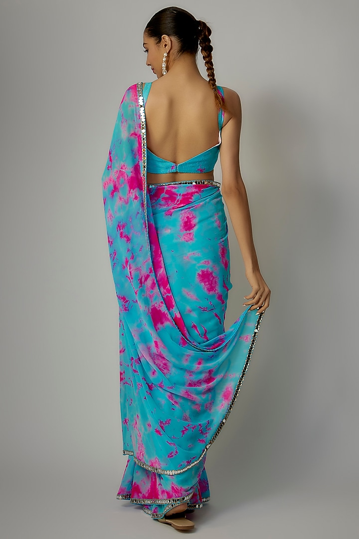 Blue & Pink Georgette Hand Tie-Dyed Wedding Saree Set
by Akanksha Gajria at Pernia's Pop Up Shop