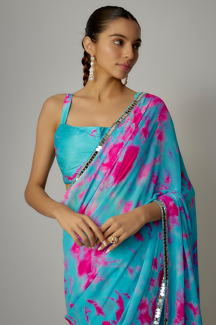 Blue & Pink Georgette Hand Tie-Dyed Wedding Saree Set
by Akanksha Gajria at Pernia's Pop Up Shop
