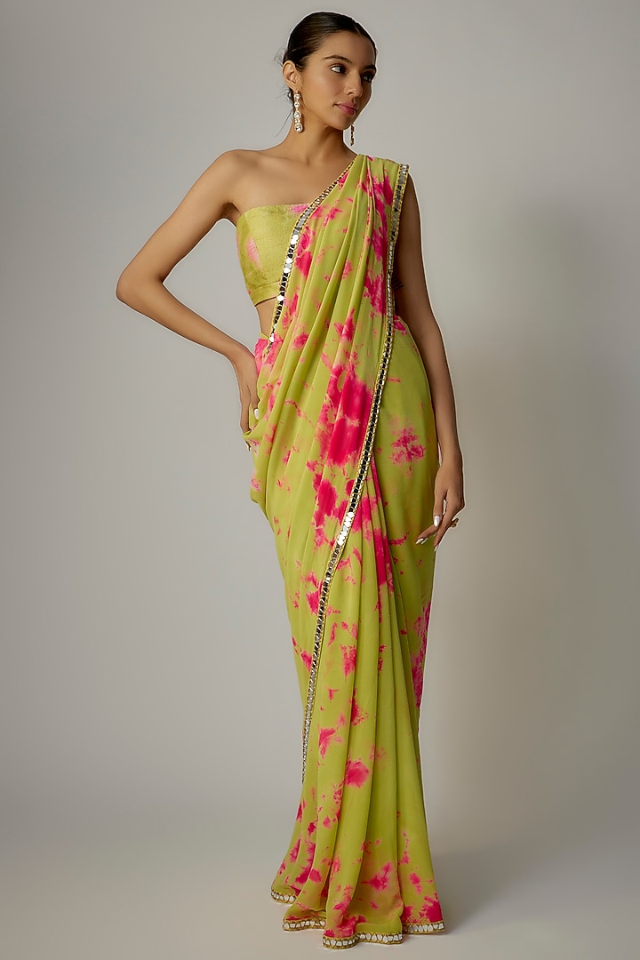 Yellow & Pink Georgette Hand Tie-Dyed Wedding Saree Set

 by Akanksha Gajria at Pernia's Pop Up Shop