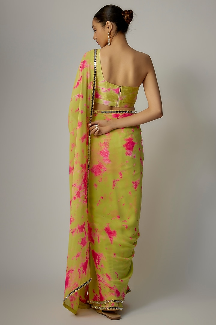 Yellow & Pink Georgette Hand Tie-Dyed Wedding Saree Set
by Akanksha Gajria at Pernia's Pop Up Shop