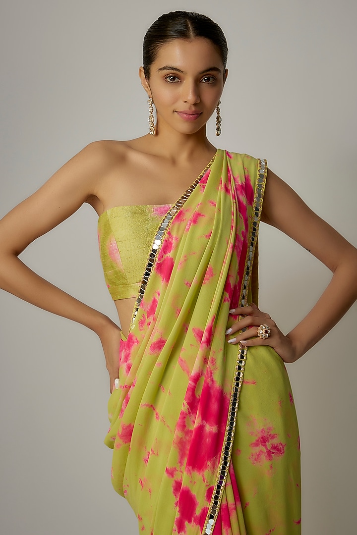 Yellow & Pink Georgette Hand Tie-Dyed Wedding Saree Set
by Akanksha Gajria at Pernia's Pop Up Shop