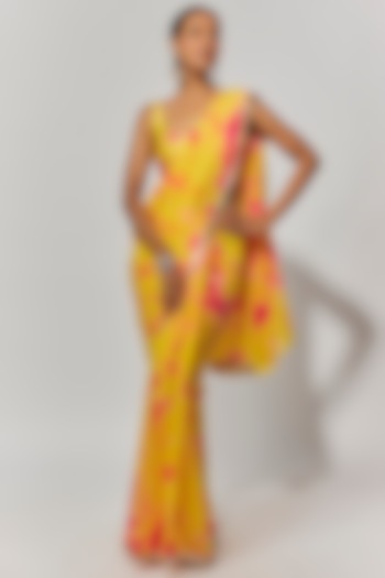 Yellow Georgette Hand Tie-Dyed & Hand Embroidered Wedding Saree Set by Akanksha Gajria at Pernia's Pop Up Shop