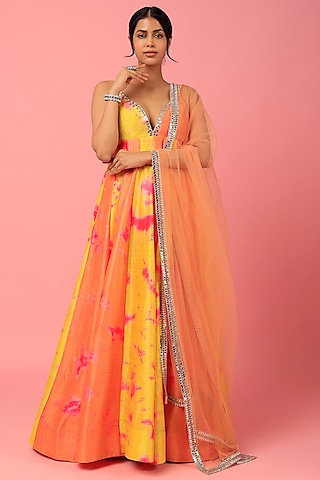 Yellow Printed Anarkali Set by Akanksha Gajria