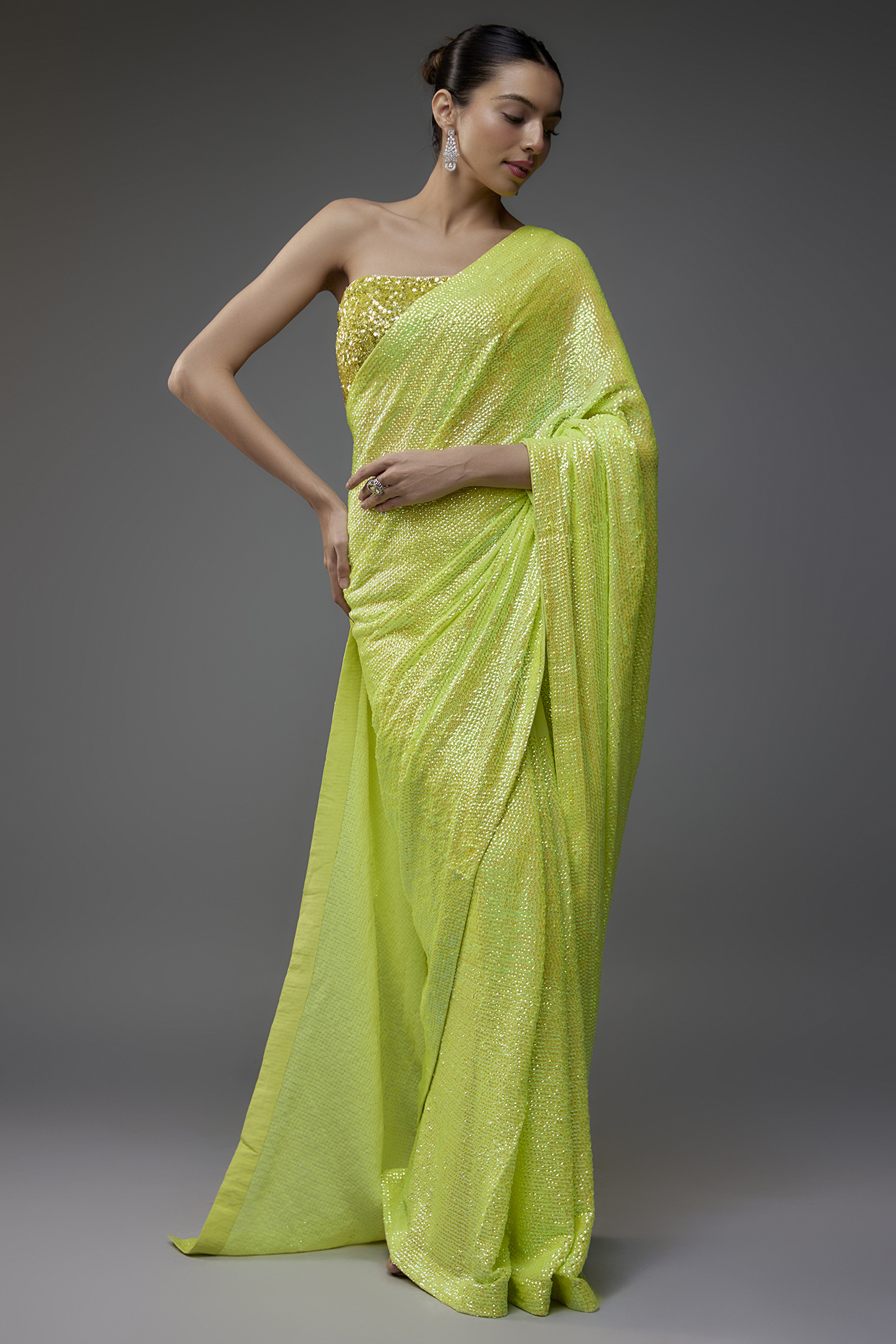 Lime Green Georgette Sequins Work Reception Saree Set by Akanksha Gajria at Pernia's Pop Up Shop