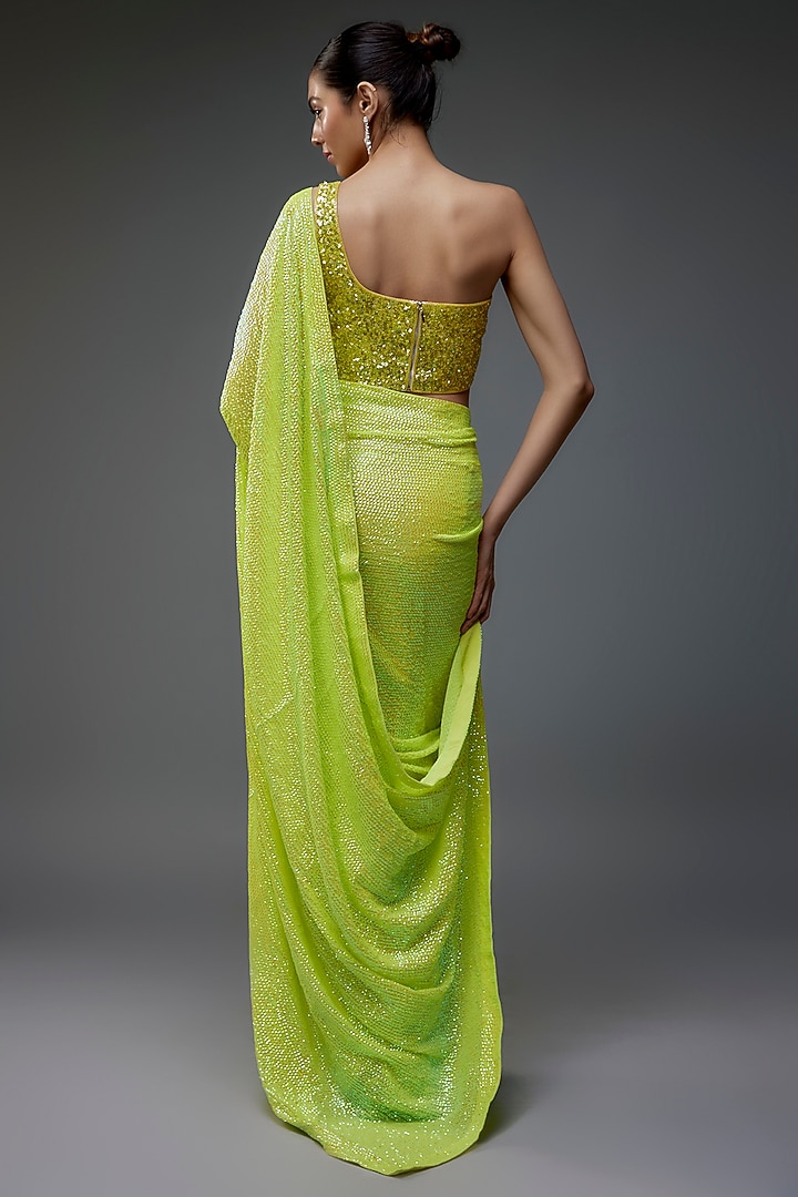 Lime Green Georgette Sequins Work Reception Saree Set by Akanksha Gajria at Pernia's Pop Up Shop