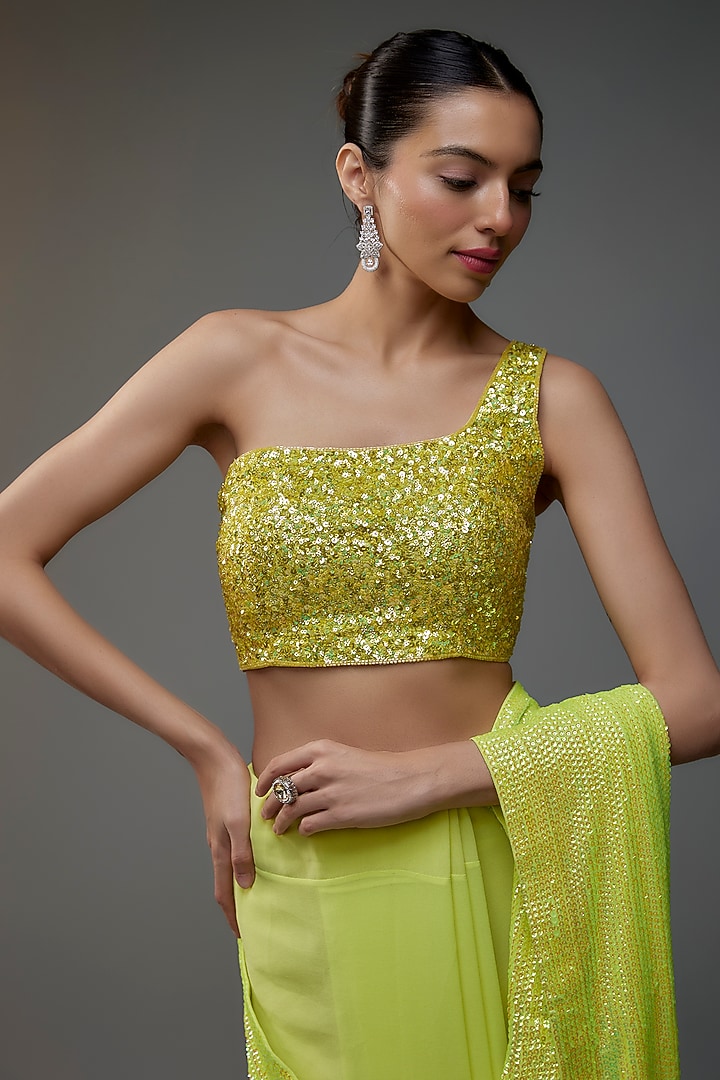 Lime Green Georgette Sequins Work Reception Saree Set by Akanksha Gajria at Pernia's Pop Up Shop