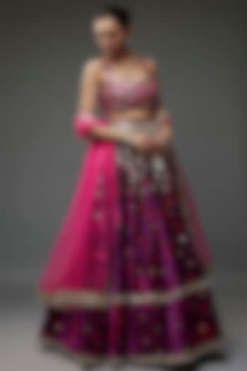 Purple Velvet Tie-Dye & Mirror Embroidered Bridal Lehenga Set by Akanksha Gajria at Pernia's Pop Up Shop
