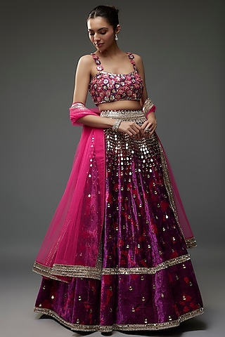 Purple Velvet Tie-Dye & Mirror Embroidered Lehenga Set by Akanksha Gajria