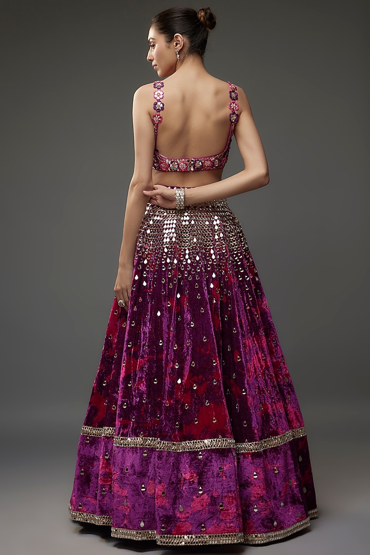 Purple Velvet Tie-Dye & Mirror Embroidered Bridal Lehenga Set by Akanksha Gajria at Pernia's Pop Up Shop