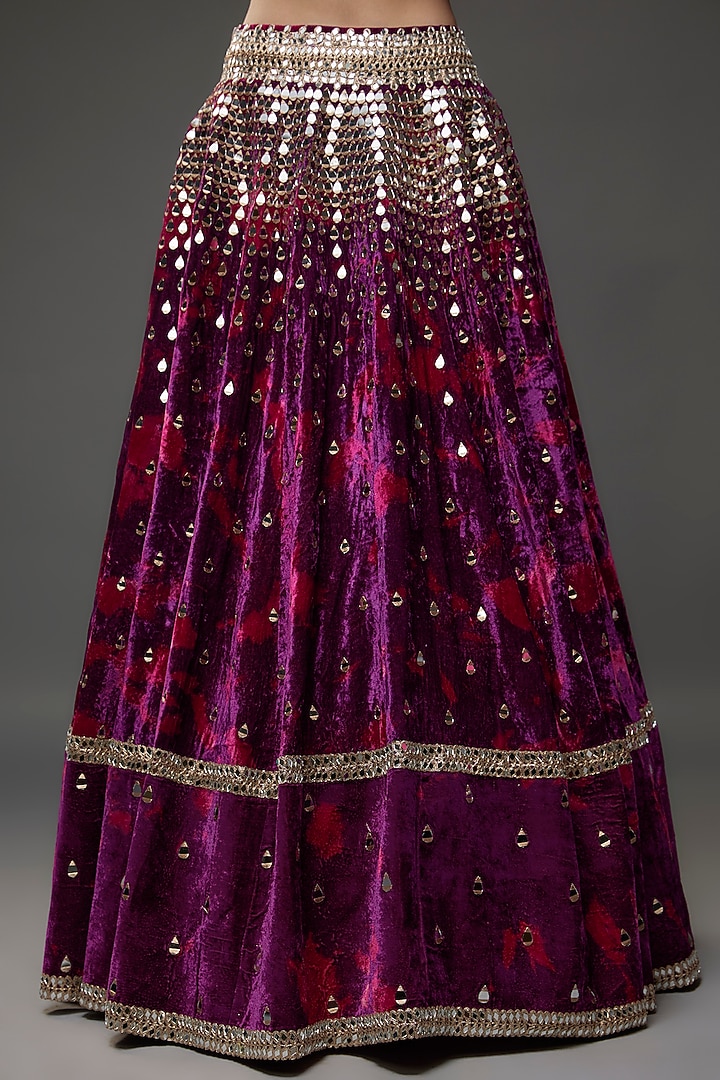 Purple Velvet Tie-Dye & Mirror Embroidered Bridal Lehenga Set by Akanksha Gajria at Pernia's Pop Up Shop