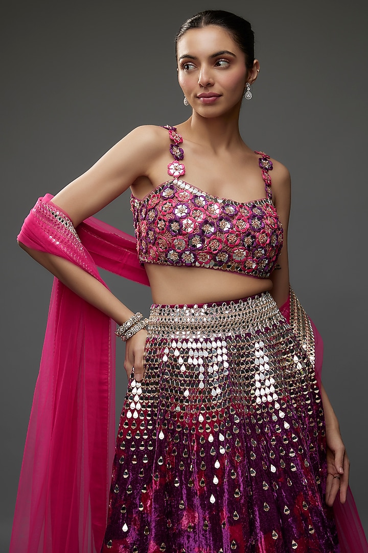 Purple Velvet Tie-Dye & Mirror Embroidered Bridal Lehenga Set by Akanksha Gajria at Pernia's Pop Up Shop