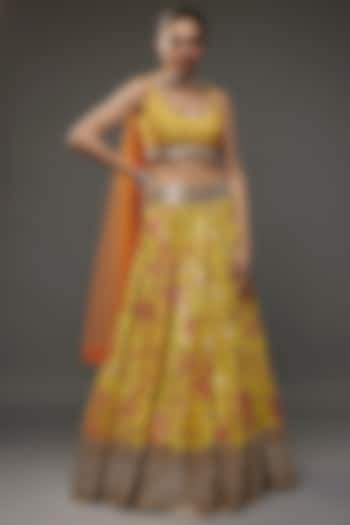 Yellow Raw Silk Tie-Dye & Mirror Embroidered Bridal Lehenga Set by Akanksha Gajria at Pernia's Pop Up Shop