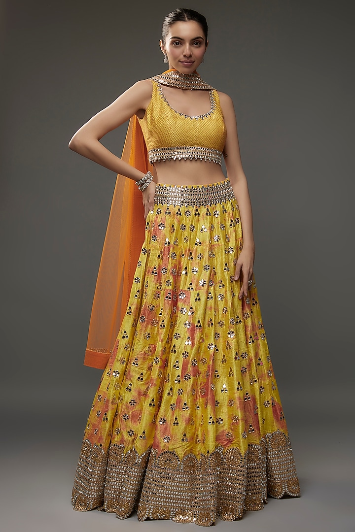 Yellow Raw Silk Tie-Dye & Mirror Embroidered Bridal Lehenga Set by Akanksha Gajria at Pernia's Pop Up Shop
