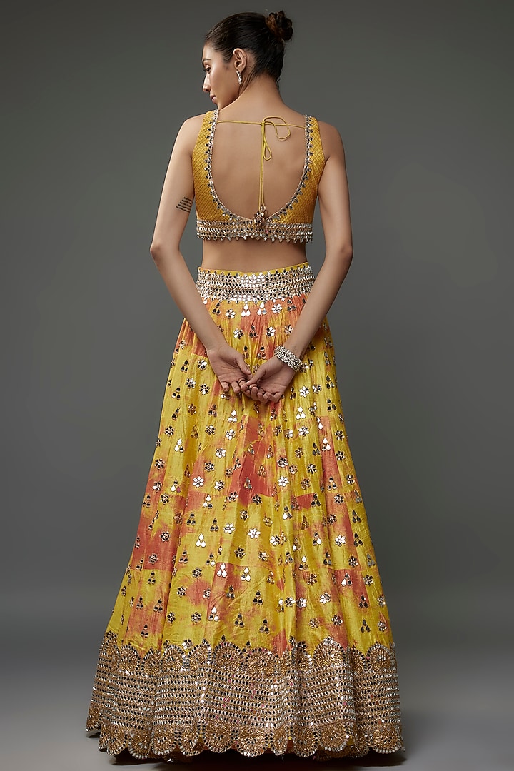 Yellow Raw Silk Tie-Dye & Mirror Embroidered Bridal Lehenga Set by Akanksha Gajria at Pernia's Pop Up Shop