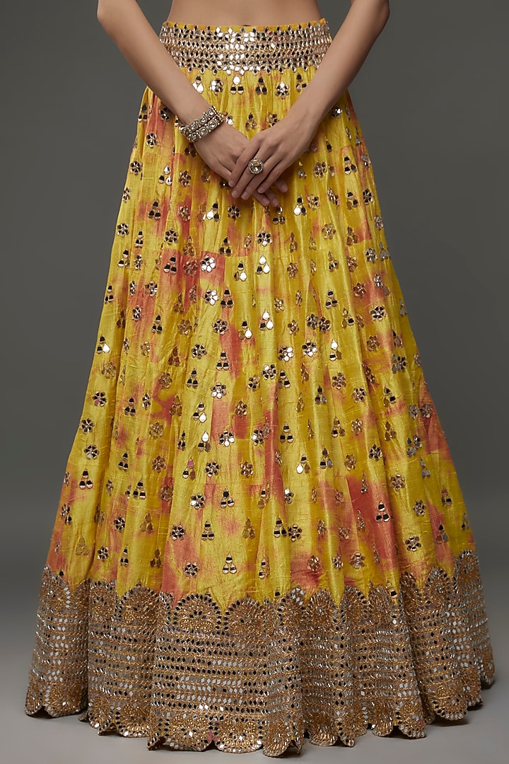 Yellow Raw Silk Tie-Dye & Mirror Embroidered Bridal Lehenga Set by Akanksha Gajria at Pernia's Pop Up Shop