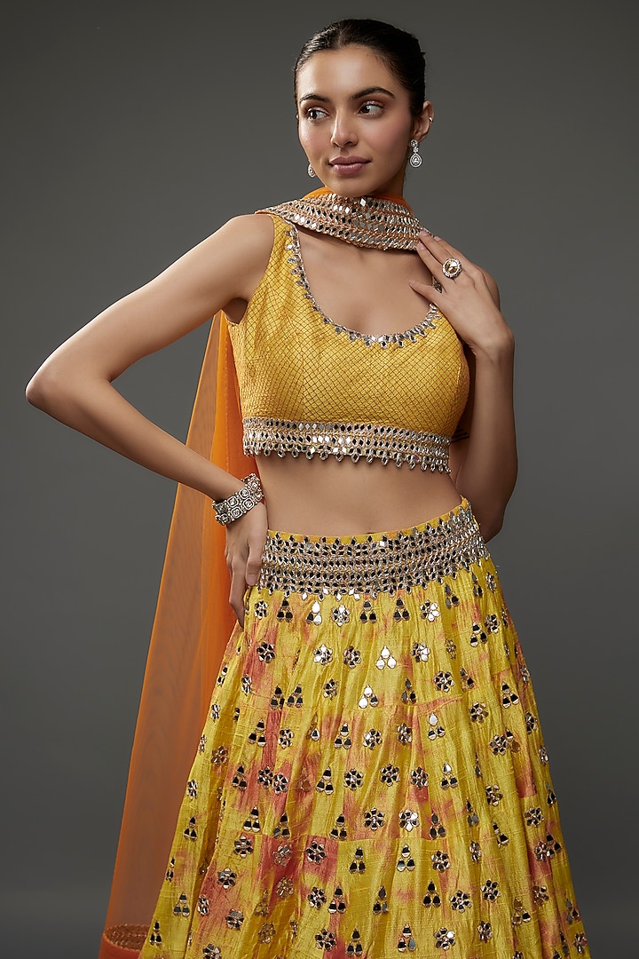 Yellow Raw Silk Tie-Dye & Mirror Embroidered Bridal Lehenga Set by Akanksha Gajria at Pernia's Pop Up Shop