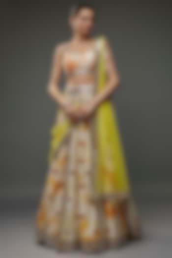 Ivory & Orange Raw Silk Tie-Dye Bridal Lehenga Set by Akanksha Gajria at Pernia's Pop Up Shop