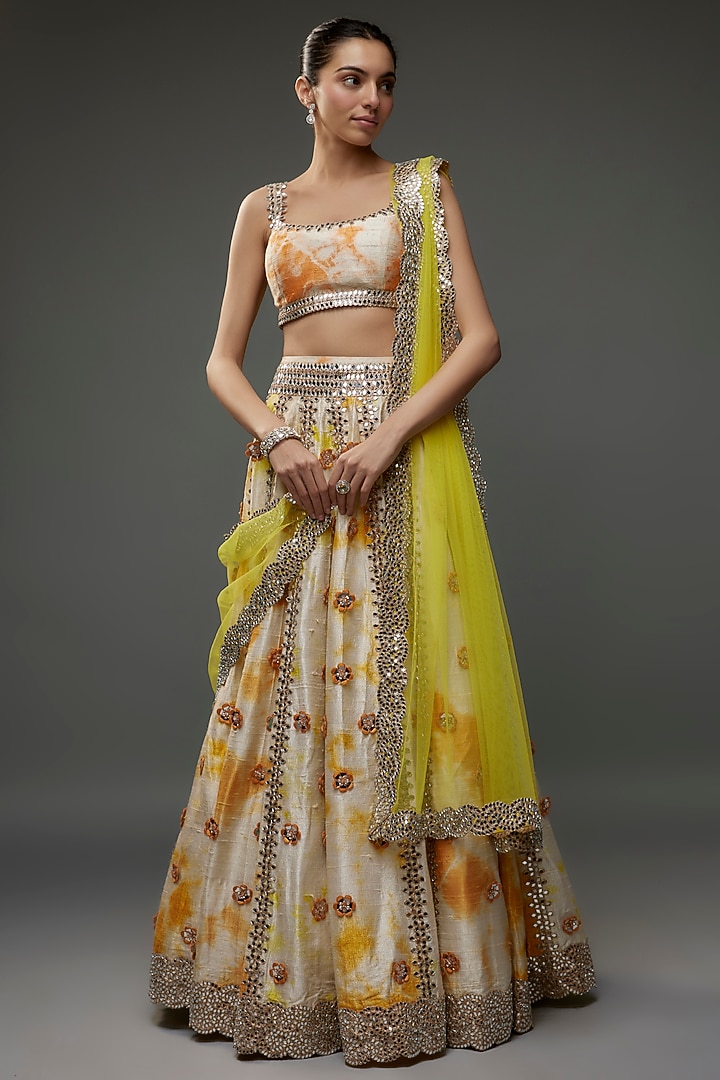Ivory & Orange Raw Silk Tie-Dye Bridal Lehenga Set by Akanksha Gajria at Pernia's Pop Up Shop
