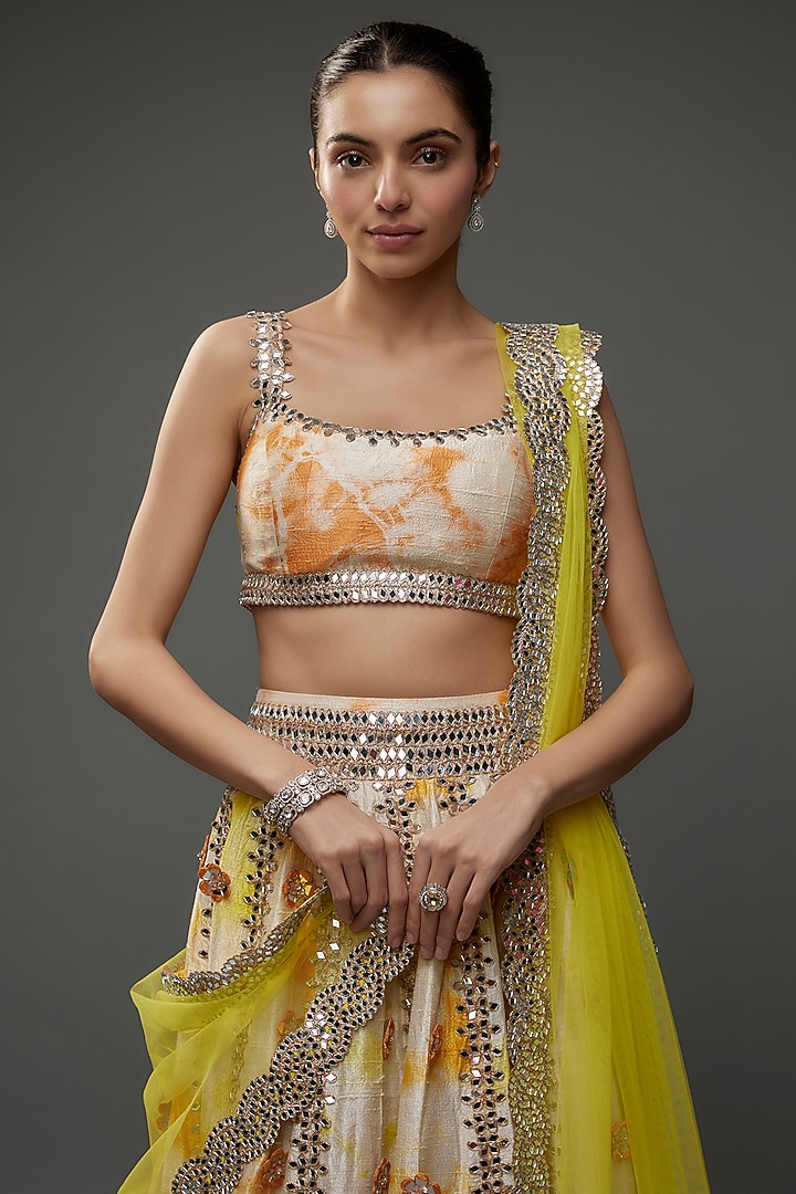 Ivory & Orange Raw Silk Tie-Dye Bridal Lehenga Set by Akanksha Gajria at Pernia's Pop Up Shop