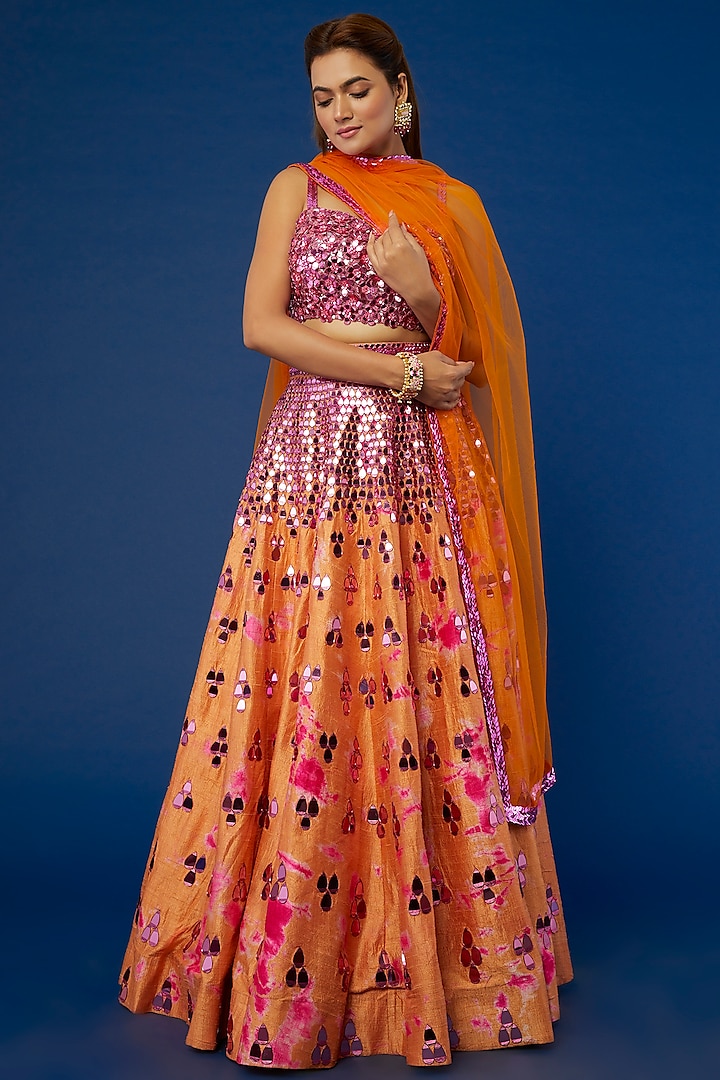 Orange Tie-Dyed & Embellished Lehenga Set by Akanksha Gajria
