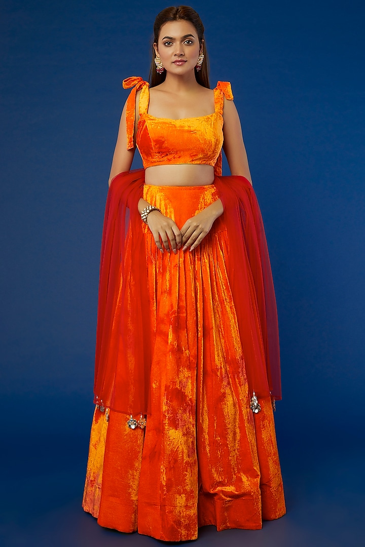 Orange Velvet Wedding Lehenga Set by Akanksha Gajria at Pernia's Pop Up Shop