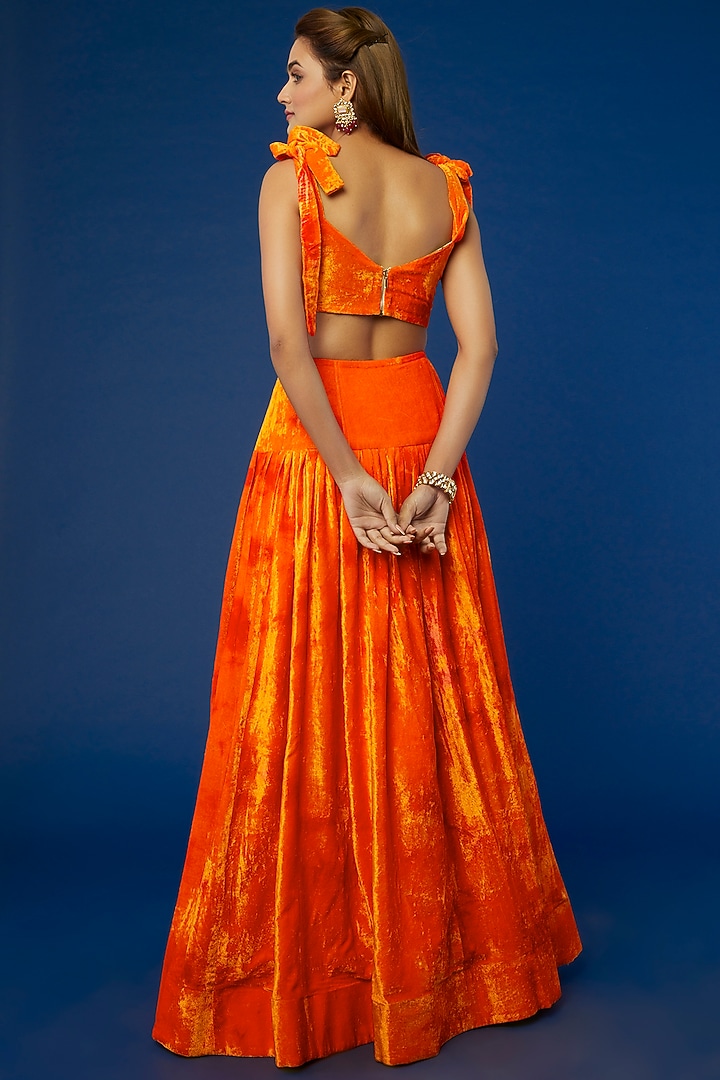 Orange Velvet Wedding Lehenga Set by Akanksha Gajria at Pernia's Pop Up Shop