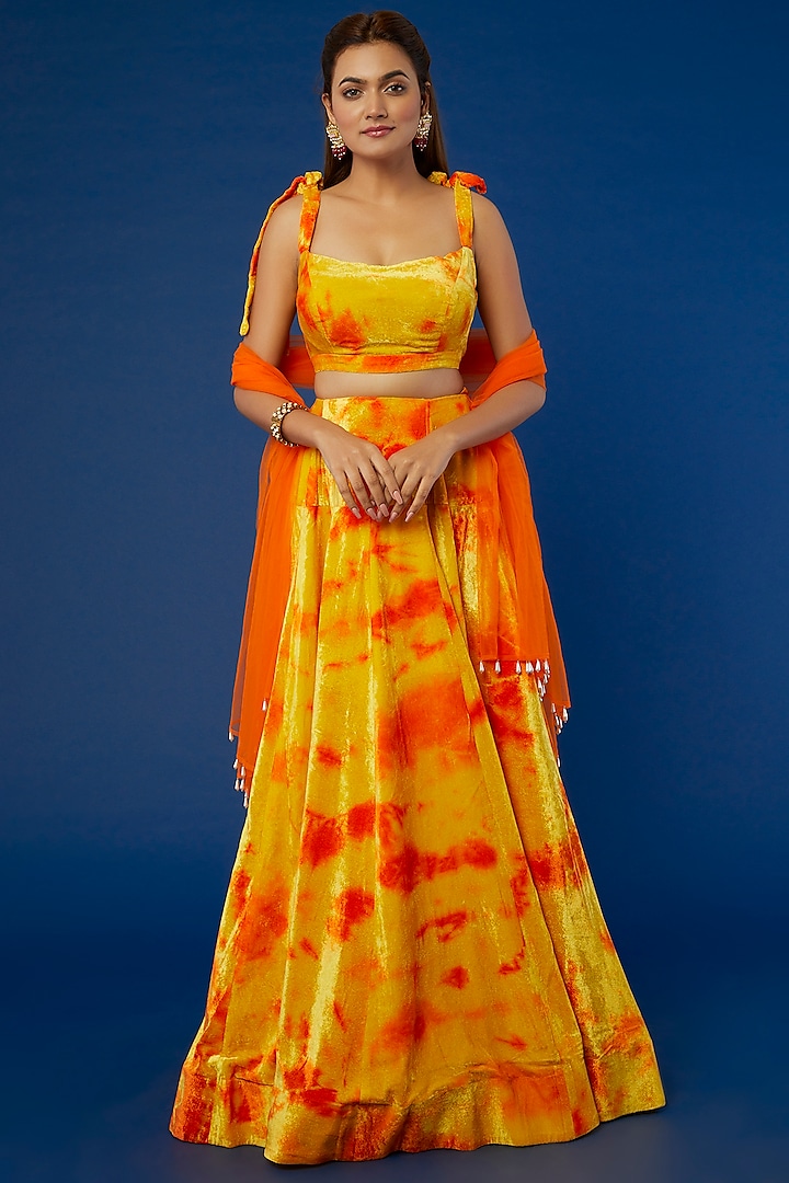 Yellow Tie-Dyed Lehenga Set by Akanksha Gajria