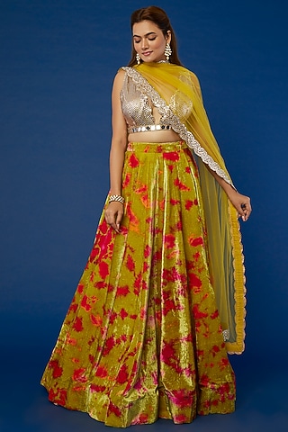 Mehendi Green Tie-Dyed Lehenga Set by Akanksha Gajria