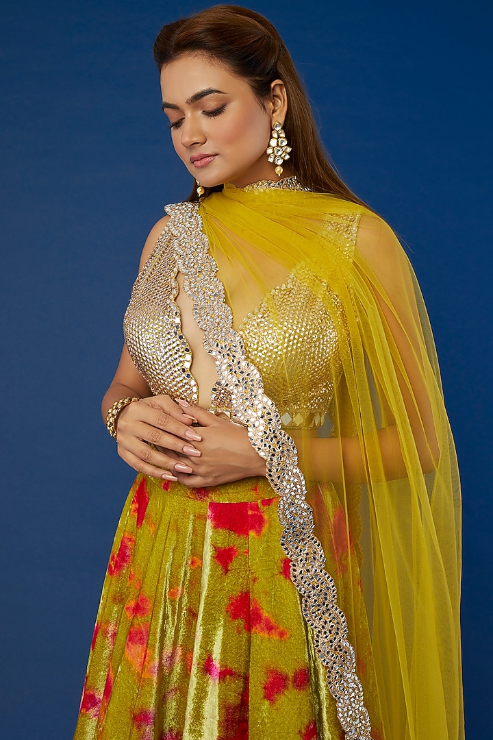 Mehendi Green Tie-Dyed Wedding Lehenga Set by Akanksha Gajria at Pernia's Pop Up Shop