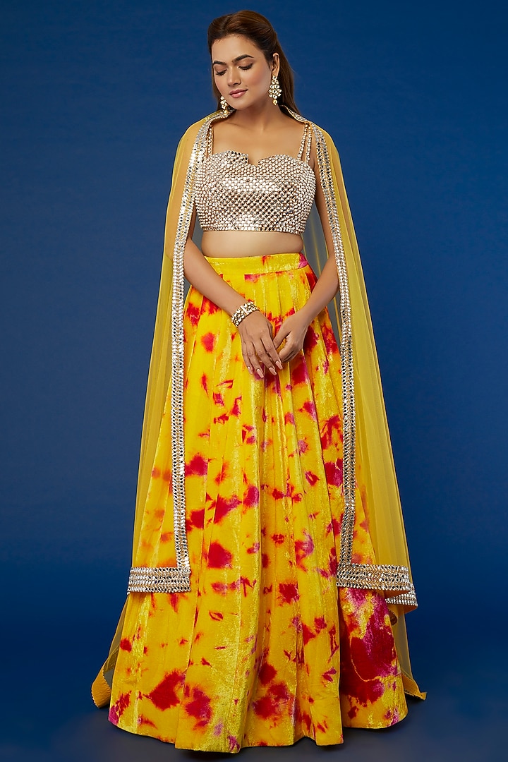 Yellow Tie-Dyed Wedding Lehenga Set by Akanksha Gajria at Pernia's Pop Up Shop