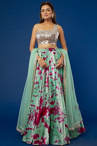 Mint Green Tie-Dyed Lehenga Set by Akanksha Gajria