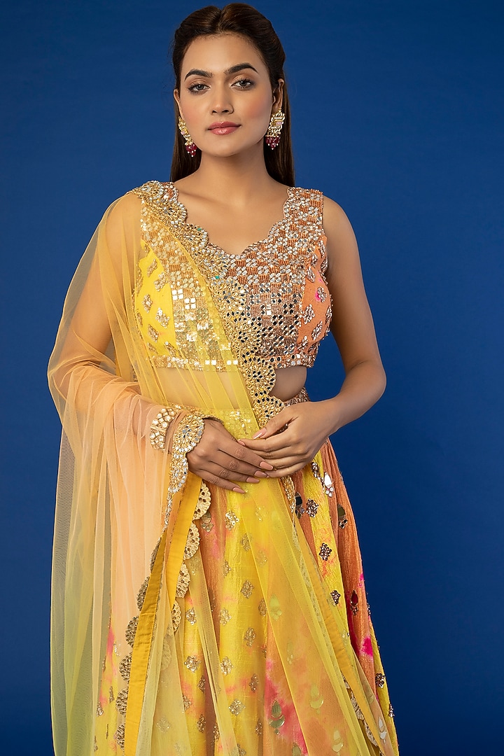 Yellow Tie-Dyed & Embroidered Bridal Lehenga Set by Akanksha Gajria at Pernia's Pop Up Shop
