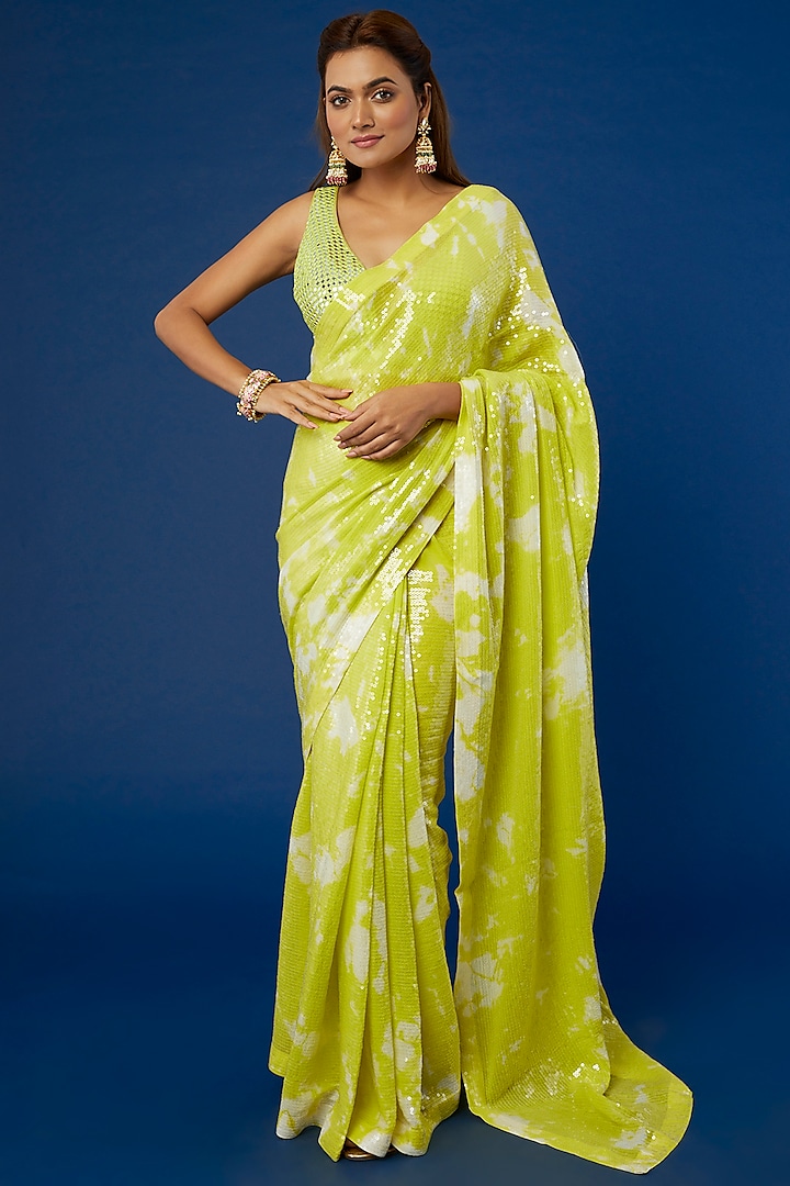 Lime Georgette Tie-Dyed & Sequins Embroidered Saree Set by Akanksha Gajria