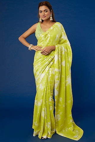 Lime Georgette Tie-Dyed & Sequins Embroidered Saree Set
 by Akanksha Gajria