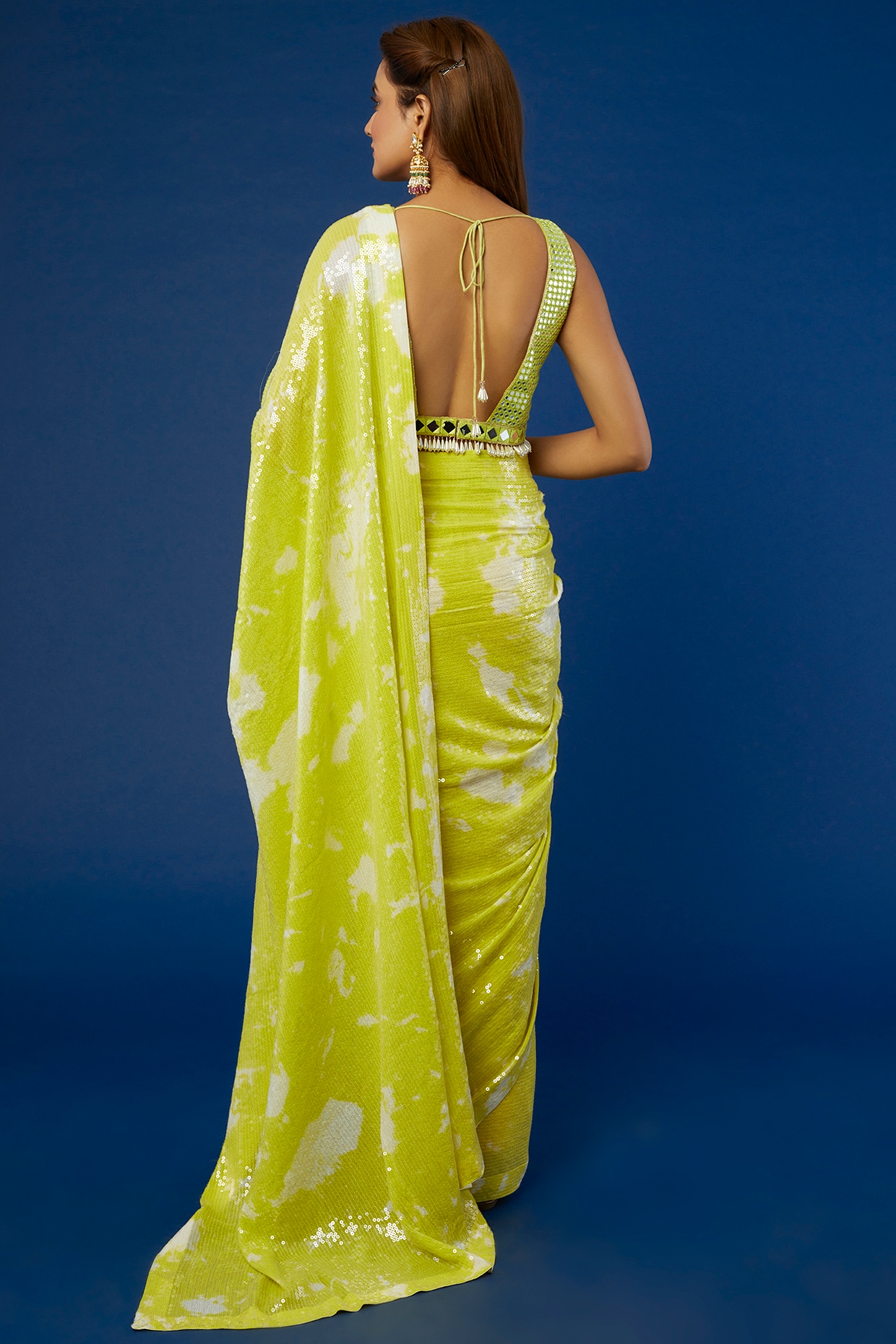 Lime Yellow Banglori Chiffon Printed Pre-Stitched Saree Set Design by  Paulmi & Harsh at Pernia's Pop Up Shop 2024