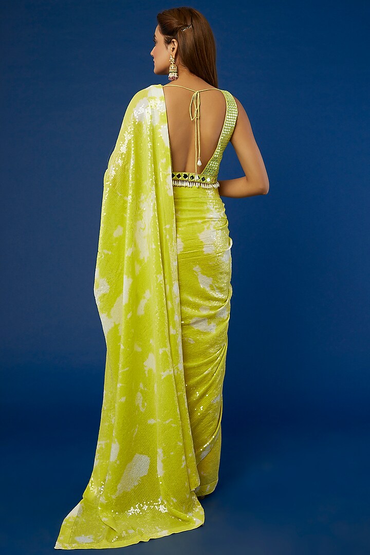 Lime Georgette Tie-Dyed & Sequins Embroidered Reception Saree Set
by Akanksha Gajria at Pernia's Pop Up Shop