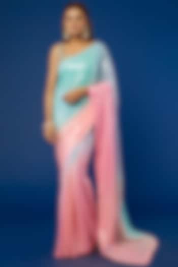 Pink & Blue Sequinned Saree Set by Akanksha Gajria