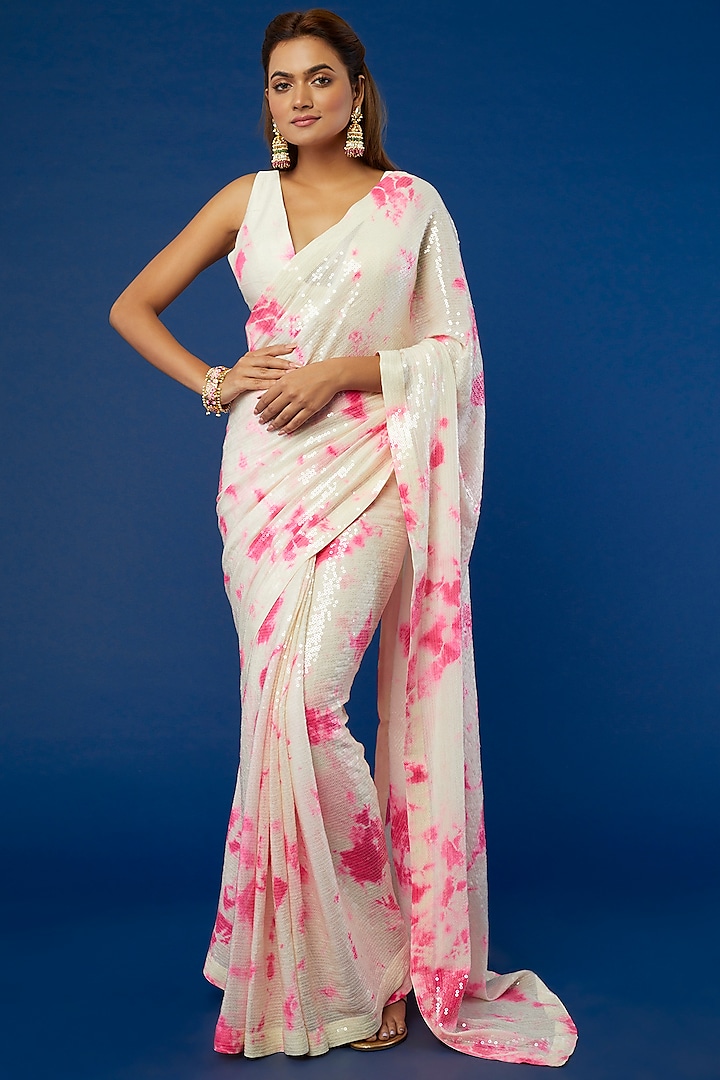 White Georgette Sequins Embroidered Tie-Dye Saree Set by Akanksha Gajria