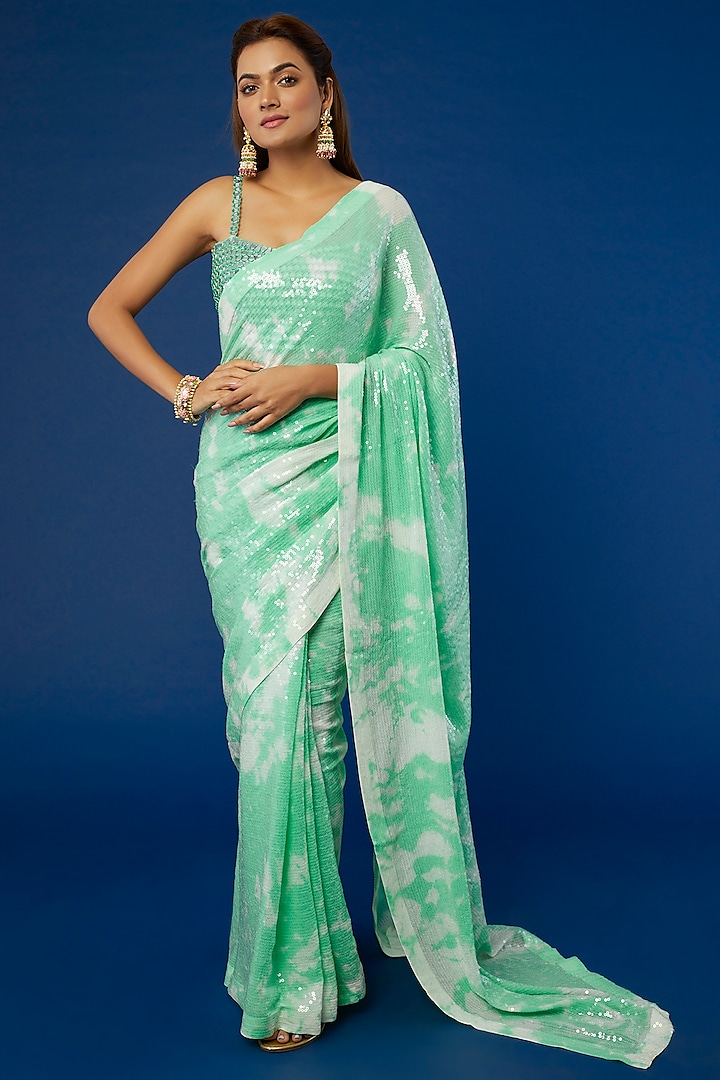 Blue Georgette Tie-Dyed & Sequins Embroidered Saree Set by Akanksha Gajria
