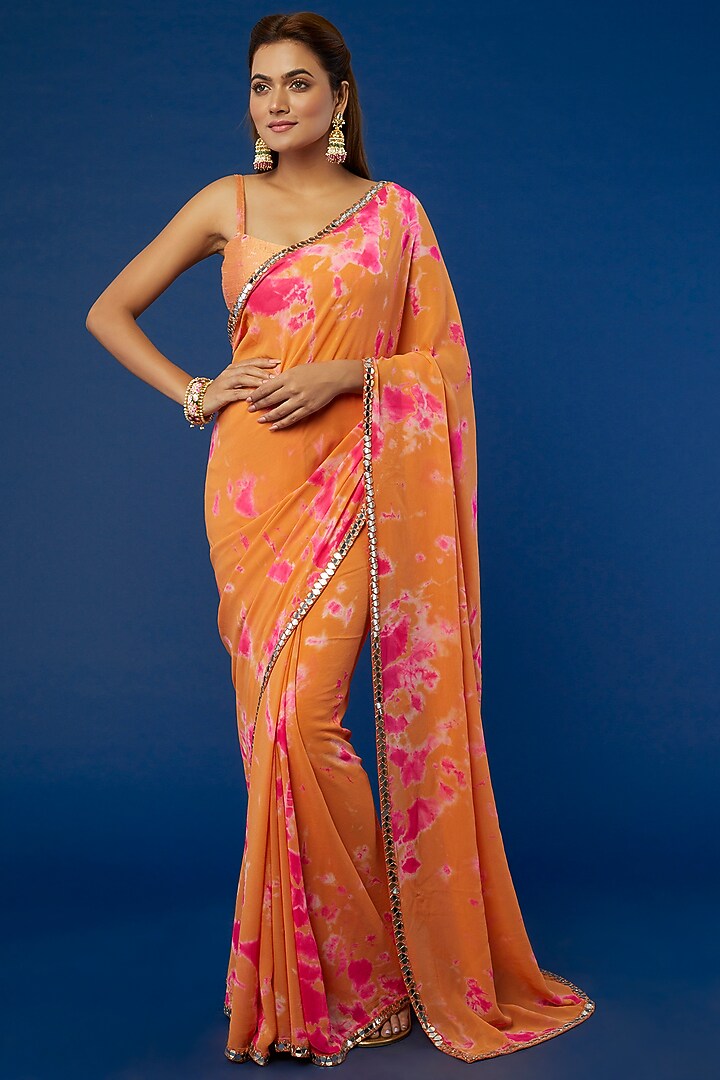 Orange Georgette Tie-Dyed Wedding Saree Set by Akanksha Gajria at Pernia's Pop Up Shop