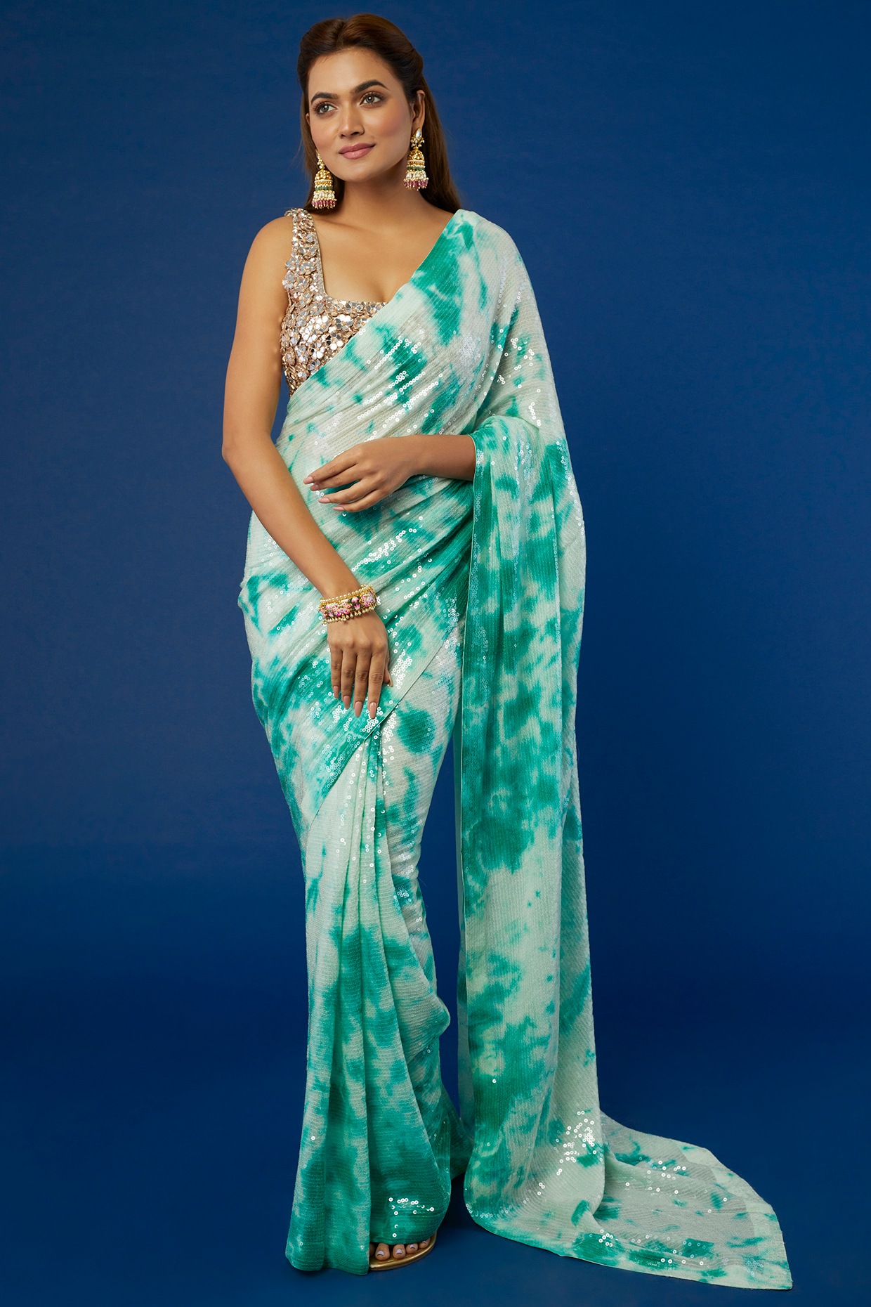 Teal Blue Chinon Thread With Sequins Work Saree - Clothsvill