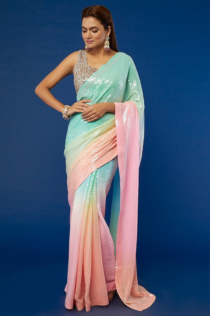 Multi-Colored Georgette Sequins Embroidered Saree Set by Akanksha Gajria