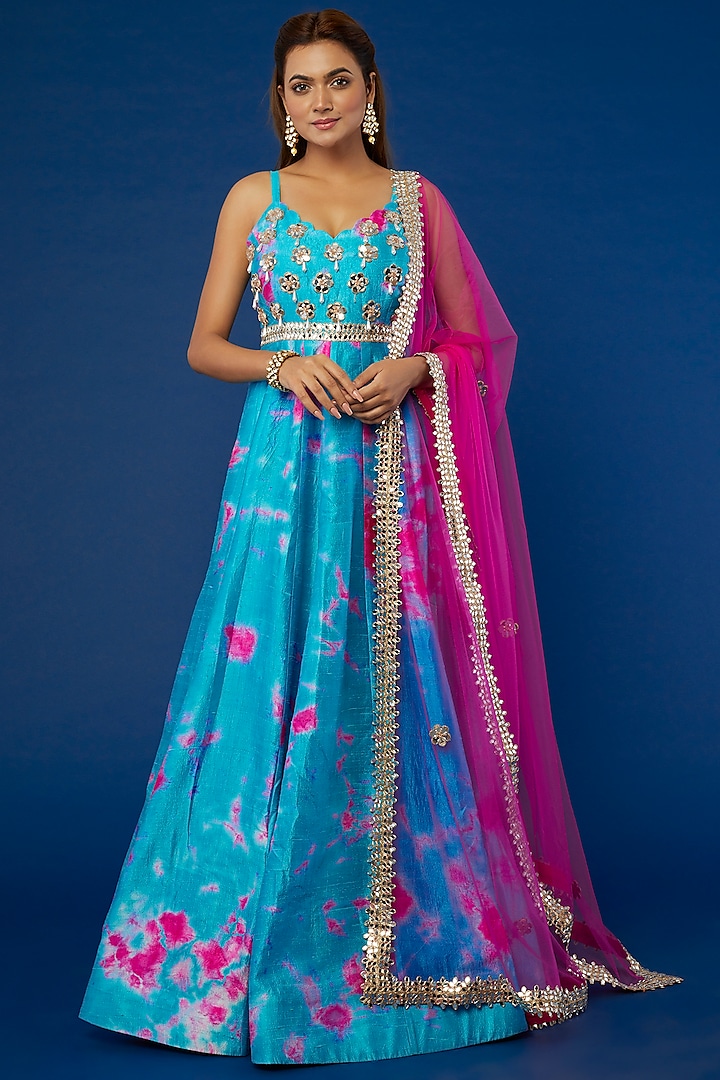 Blue Tie-Dyed Anarkali Set by Akanksha Gajria