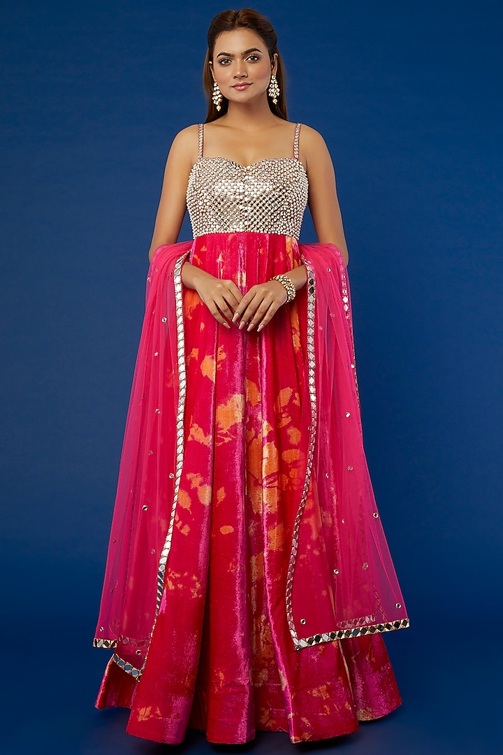 Fuchsia Tie-Dyed & Embroidered Anarkali Set by Akanksha Gajria
