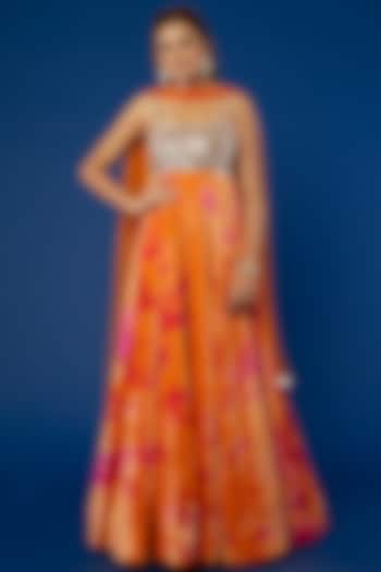 Orange Tie-Dyed & Embroidered Anarkali Set by Akanksha Gajria