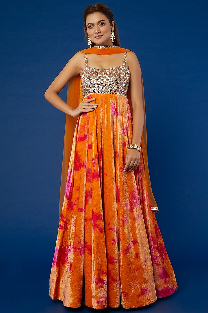 Orange Tie-Dyed & Embroidered Anarkali Set by Akanksha Gajria
