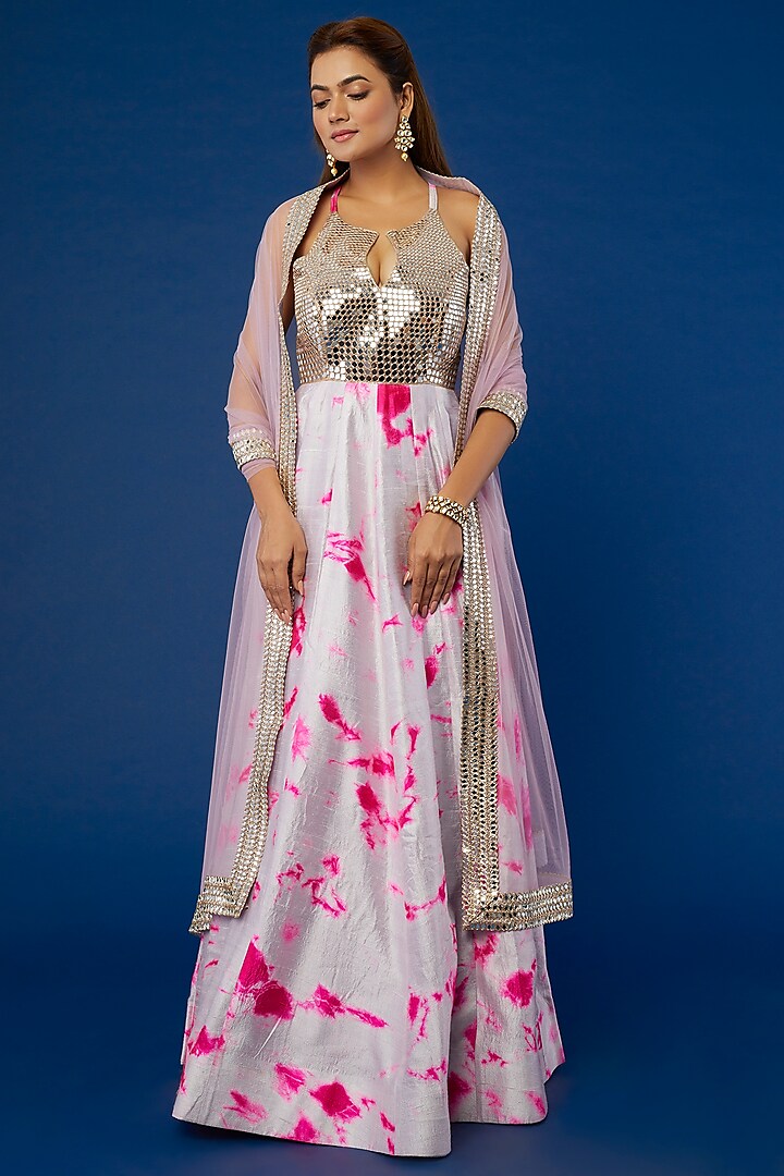 Lavender Tie-Dyed & Embroidered Anarkali Set by Akanksha Gajria