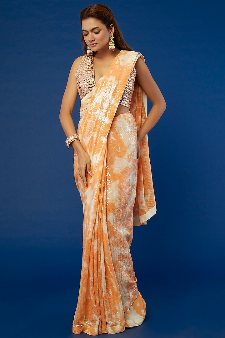 Orange Georgette Tie-Dyed & Sequinned Saree Set by Akanksha Gajria